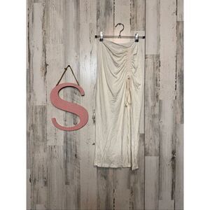 White Ruched Maxi Skirt Size Small Stretch Bodycon Drawstring Detail